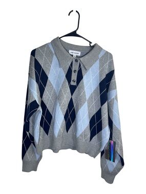 Argyle Polo Collared Sweater in Gray and Navy Size L